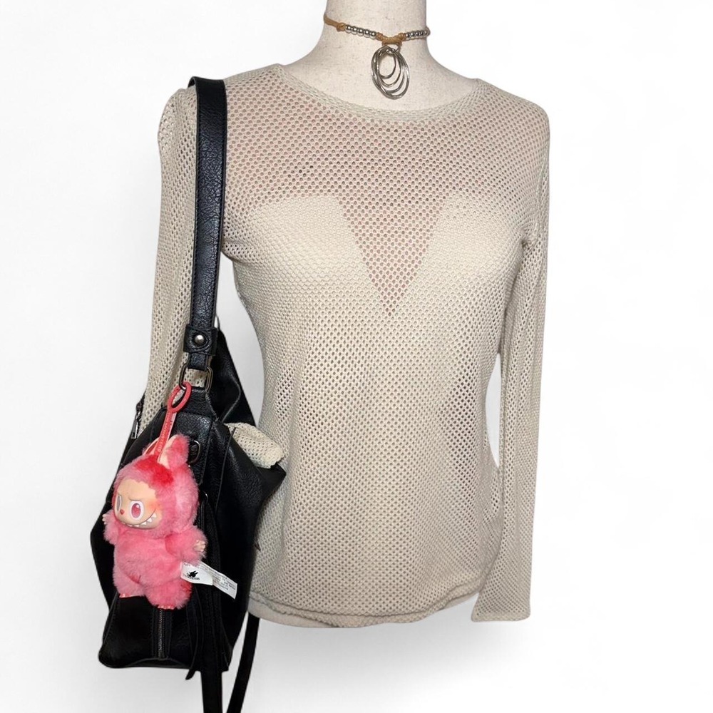 BCBGMAXAZRIA Mesh Long Sleeve Top Greige Tan Indie Sleaze Y2K Grunge Small